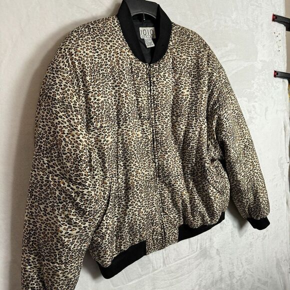 80s 1010 Leopard Print Silk Puffer Bomber Jacket Size Large Quilted 90s Vintage - Picture 9 of 15